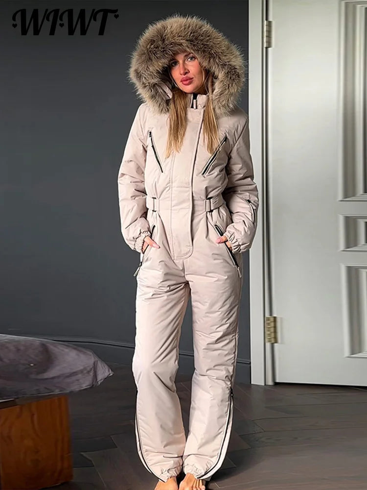 Warm Hooded Fur Splicing Ski Suit Women's