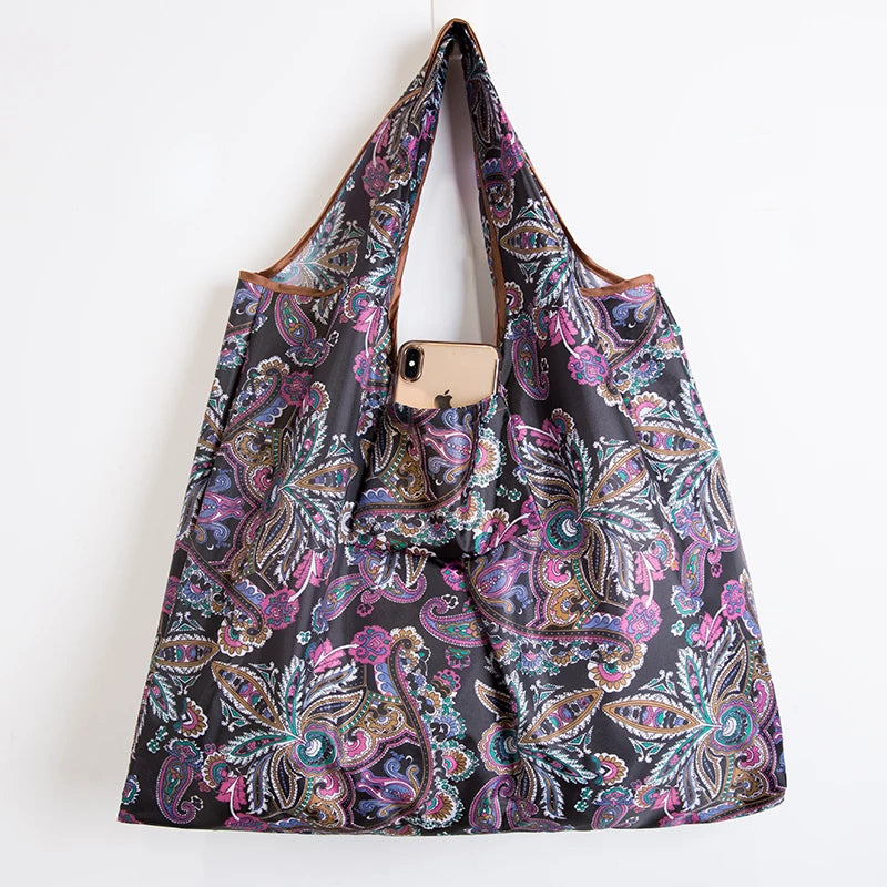 Big Size Thick Nylon Large Tote ECO Reusable in vibrant floral pattern, perfect for casual shopping.