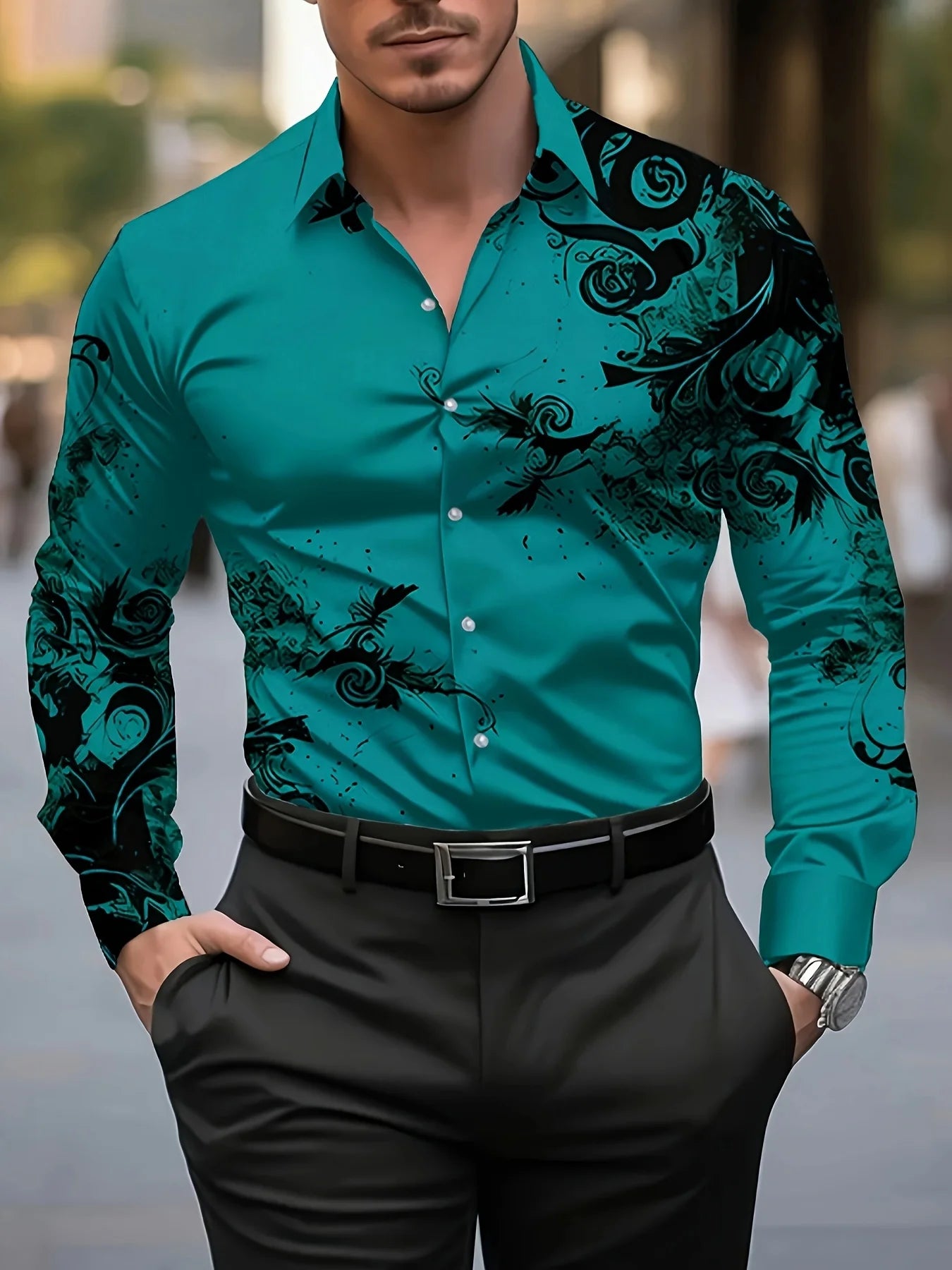 Men'S Stylish Red Floral Print Dress Shirt - Casual