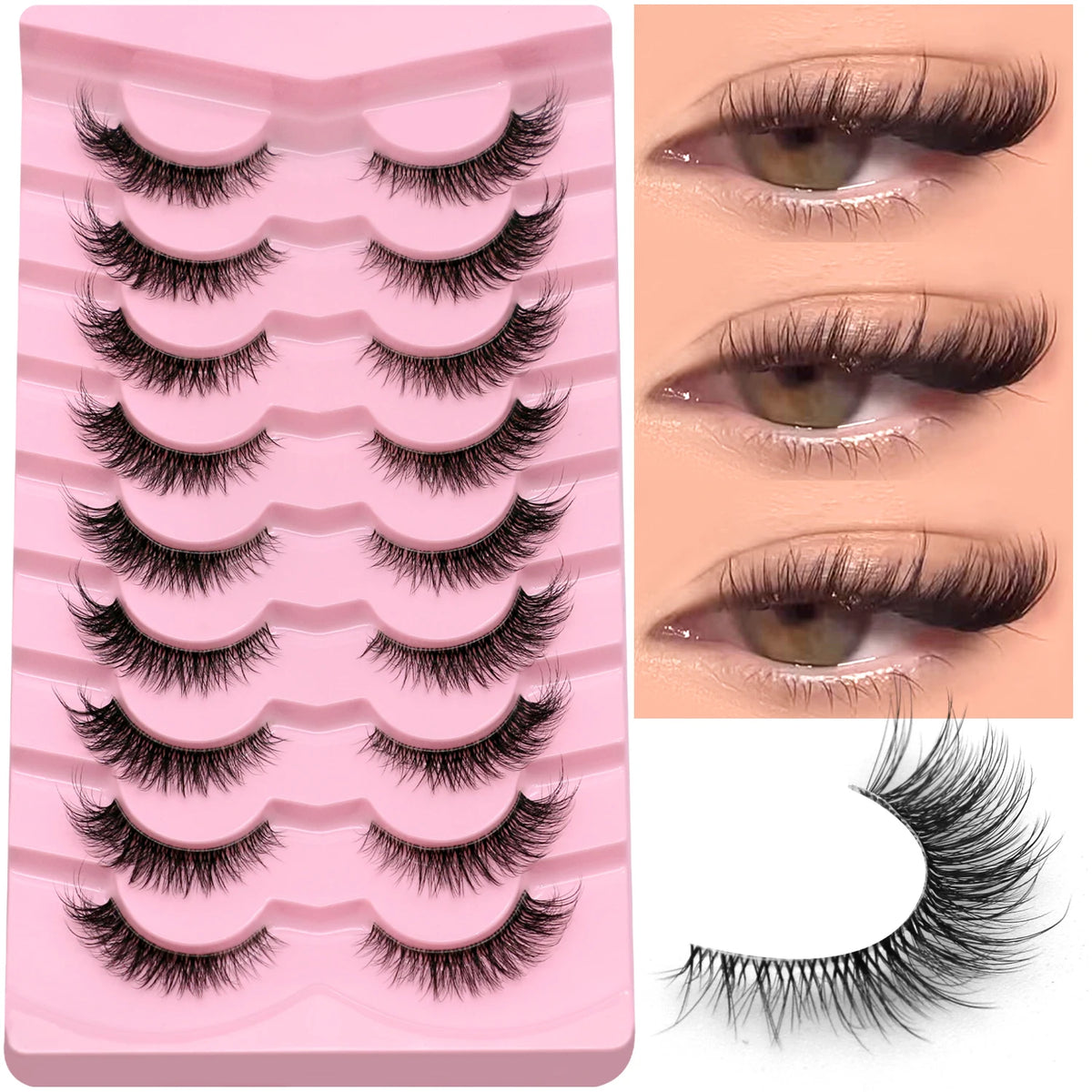 LASVIREY Fluffy Cat Eye Lashes Natural Mink set displayed on a pink tray, showcasing multiple styles and winged design.