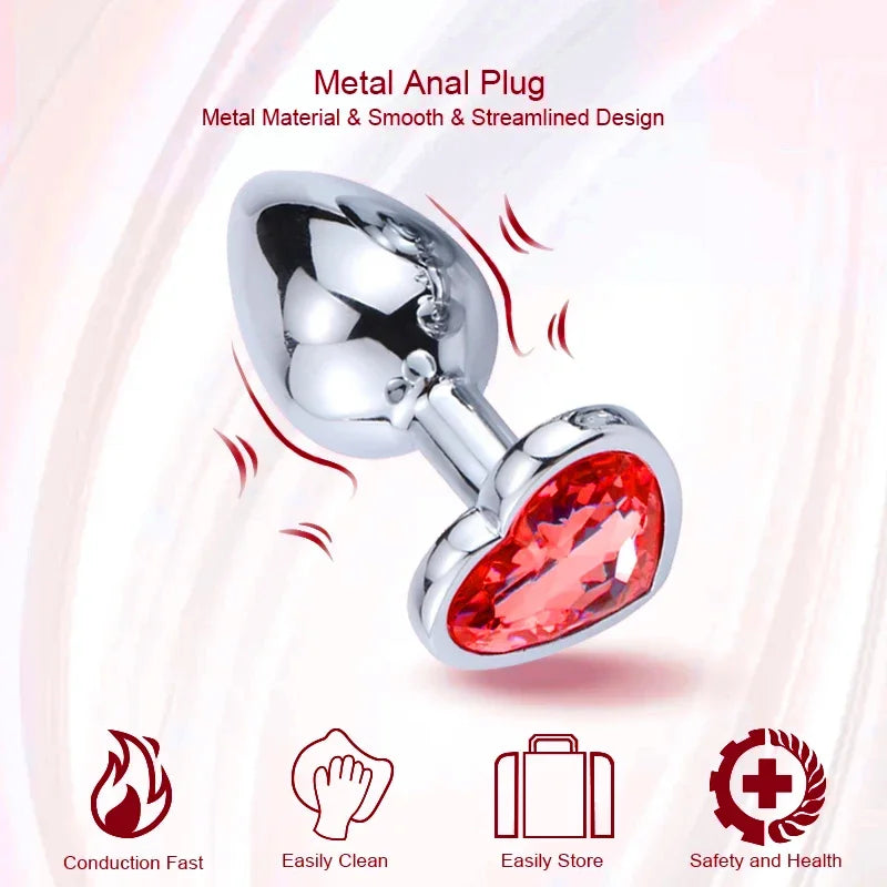 3PCS S/M/L Metal Anal Plug Butt Plug with heart-shaped design made of smooth metal material.