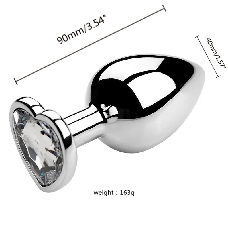 3PCS S/M/L Metal Anal Plug Butt Plug with heart-shaped crystal detail, measuring 90mm by 40mm and weighing 163g.
