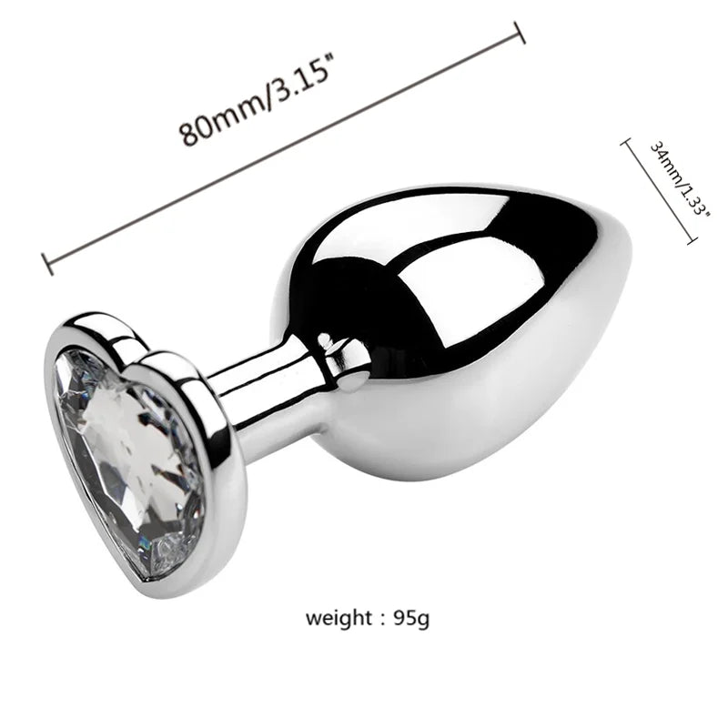 3PCS S/M/L Metal Anal Plug Butt Plug with a shiny heart-shaped gem detailing, 80mm size, weight 95g.