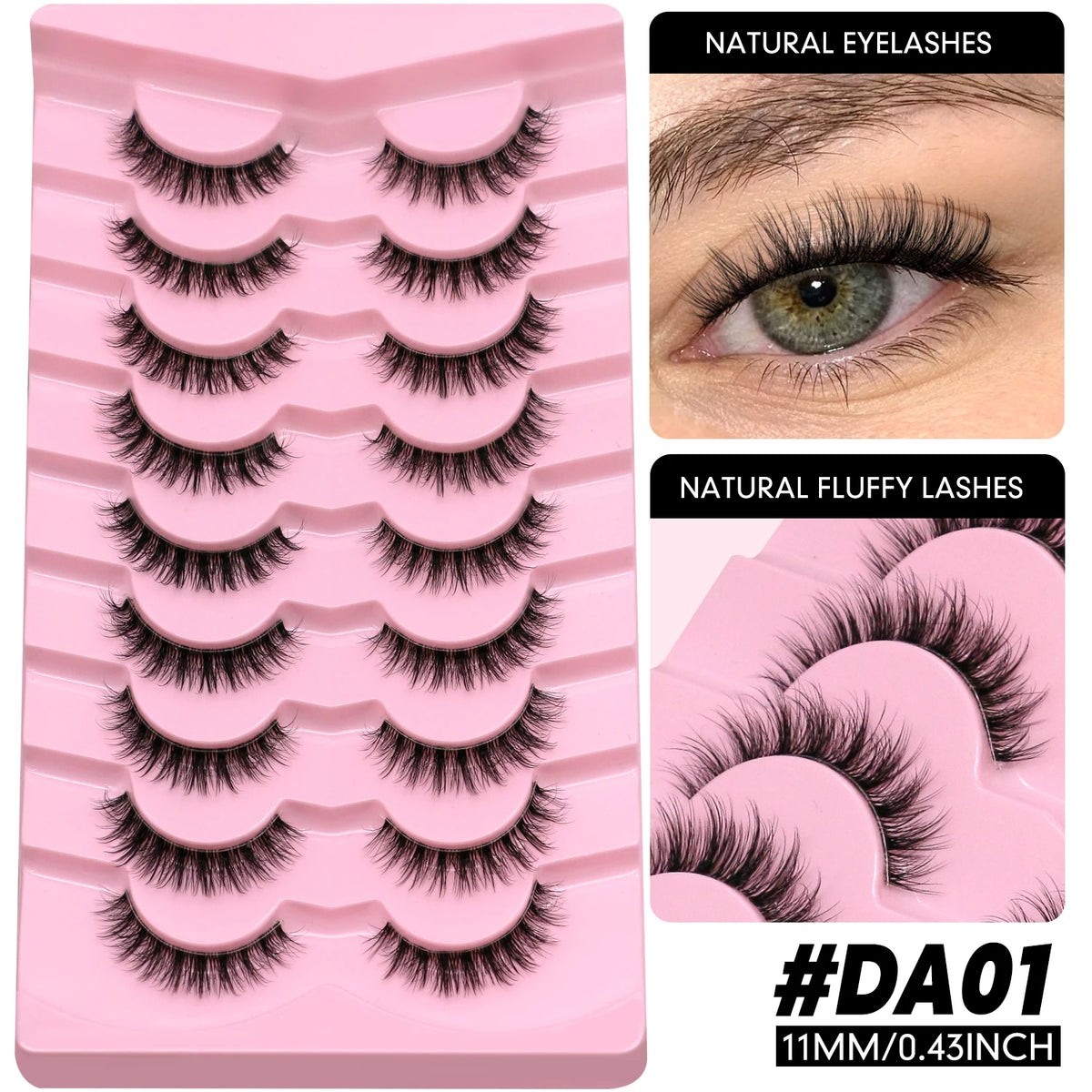 LASVIREY Fluffy Cat Eye Lashes Natural Mink displayed in a tray with 11mm length, showcasing fluffy and natural design.