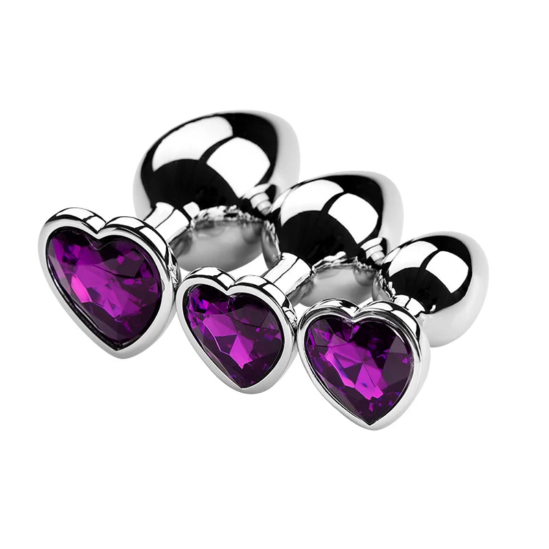 3PCS S/M/L Metal Anal Plug Butt Plug with heart-shaped purple jewels for erotic pleasure.