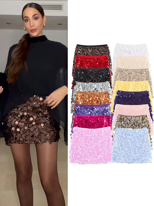  TFMLN New Women Fashion Sequined Mini Skirts Solid