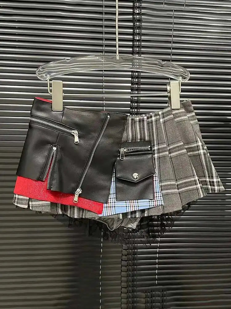 DEAT Fashion Trendy Women's Patchwork Plaid Design Pleated