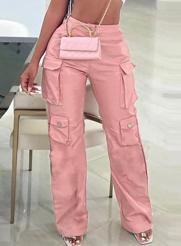 Pink Cargo Pants for Women 2025 Leather Streetwear