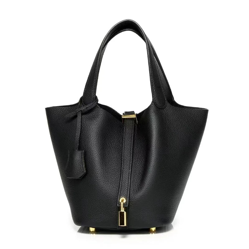 New Leather Luxury Handbag, High-end in black with zipper closure and bucket shape