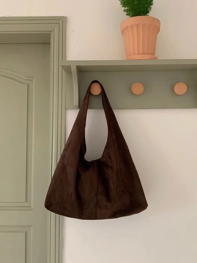 Vintage Faux-Suede Shoulder Bag with Zip Closure