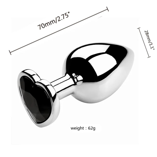 3PCS S/M/L Metal Anal Plug Butt Plug - shiny, heart-shaped design with dimensions and weight indicated