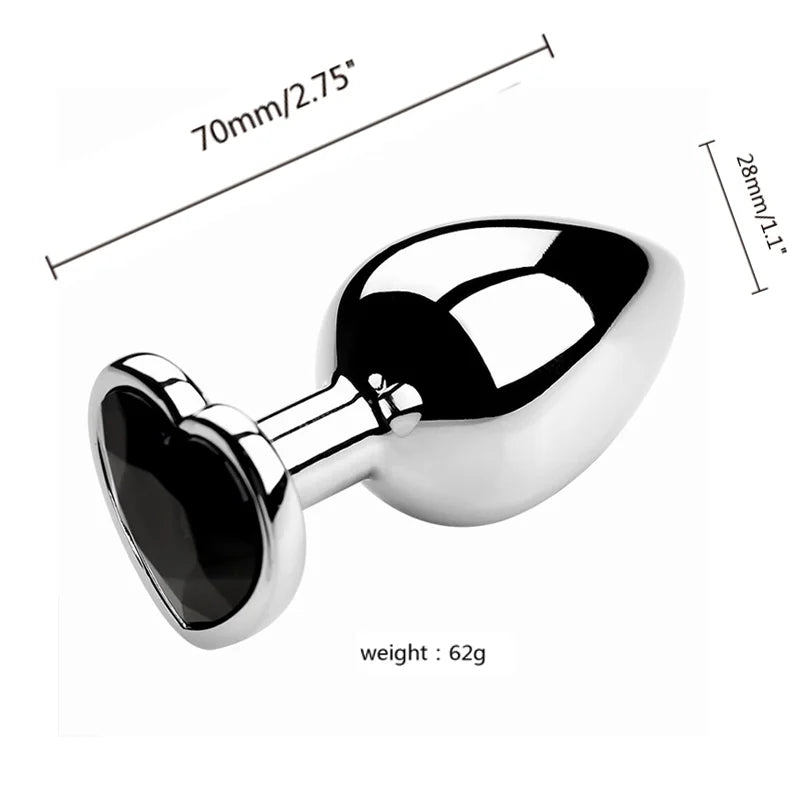 3PCS S/M/L Metal Anal Plug Butt Plug - shiny, heart-shaped design with dimensions and weight indicated