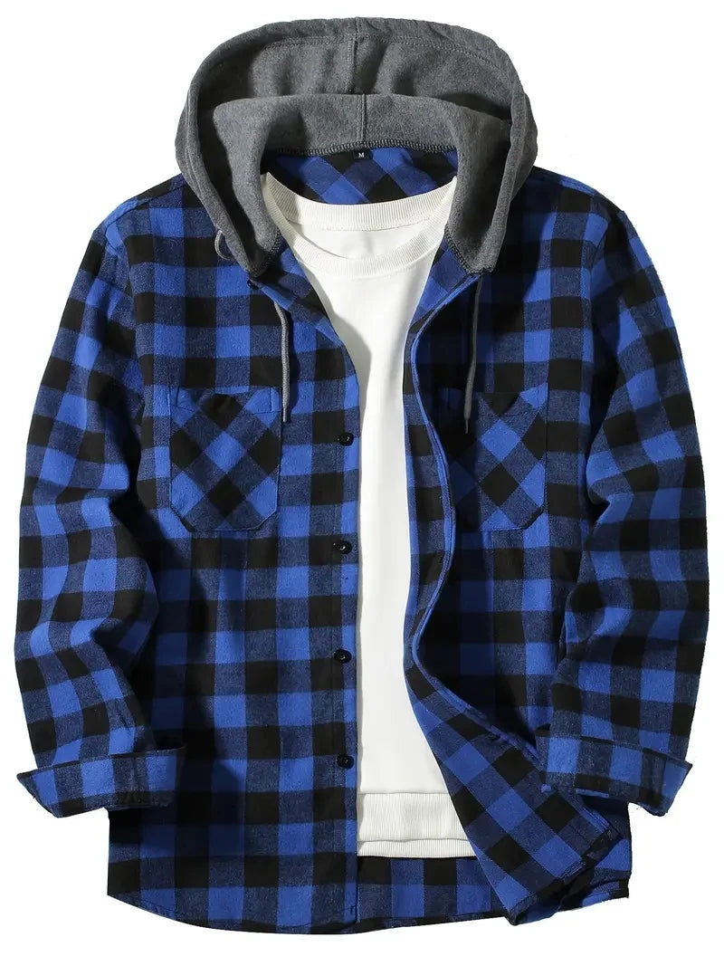 Youth Fashion Street Hooded Plaid Shirt Men's Slim Fit