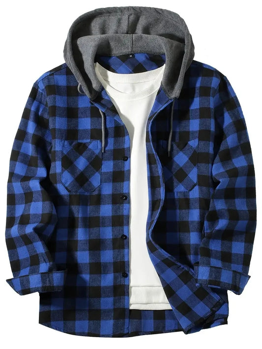 Youth Fashion Street Hooded Plaid Shirt Men's Slim Fit