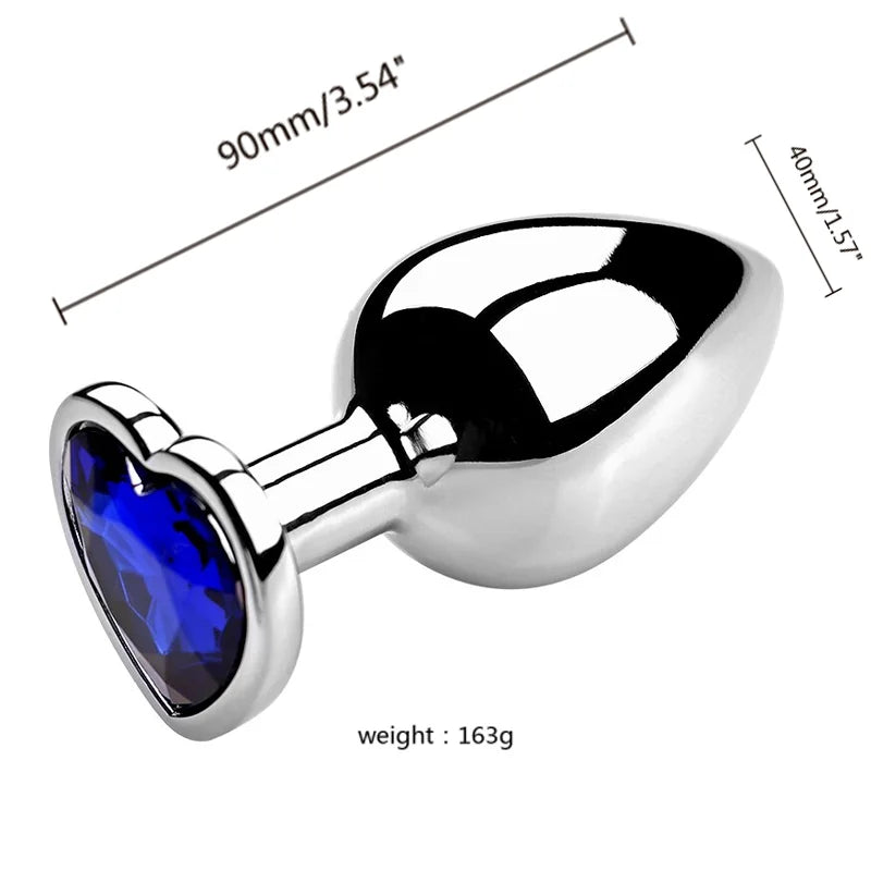 3PCS S/M/L Metal Anal Plug Butt Plug with blue heart-shaped gemstone and polished finish.