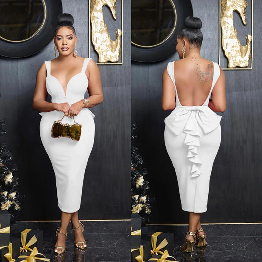 White Midi Dresses Summer Deep V Neck Bowtie Backless - IM PERKY Boutique