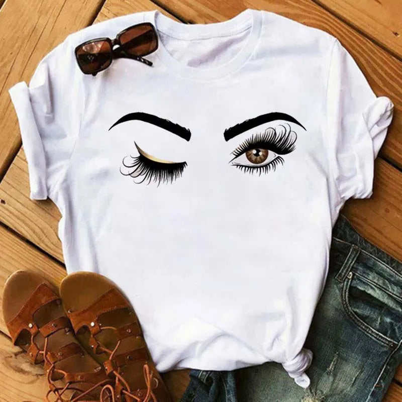 Kawaii Fashion Graphic Women Tops Eyelashes