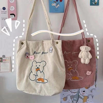 Canvas Women Canvas Shoulder Bag Warm Plush Cloth Fabric Cute Bear Handbag Soft Tote Large Capacity Shopping Bags For Ladies - IM PERKY Boutique