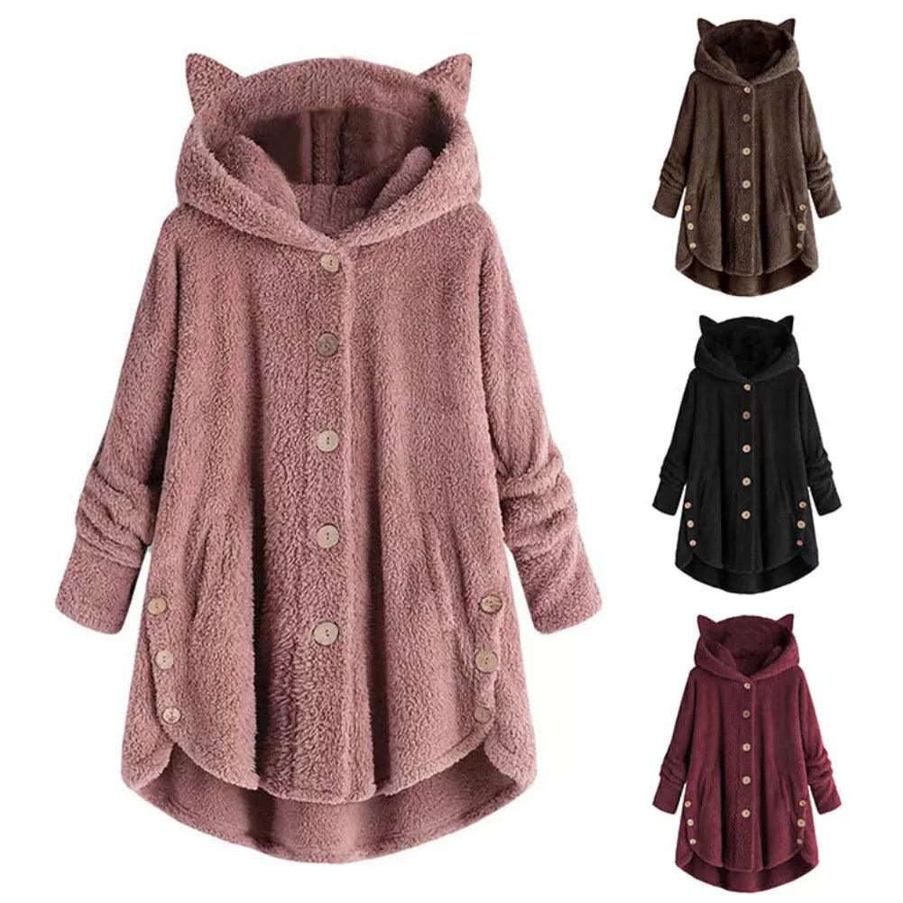 2020 Women's coat Winter Plus Velvet Sports Winter Cute Cats Ears Hooded Irregular Hem Buttons Jacket Fleece Coat Christmas gift - IM PERKY Boutique