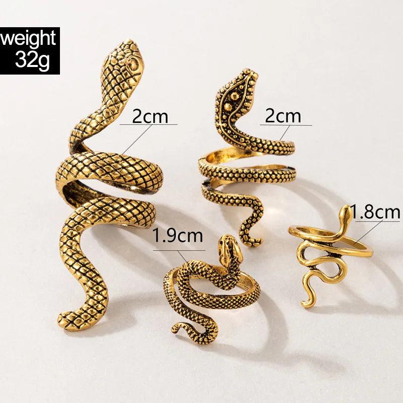 HNSP Vintage Long Snake Ring Set For Women Gothic Black Gold Silver Color Adjustable Finger Jewelry Accessories Female Gift