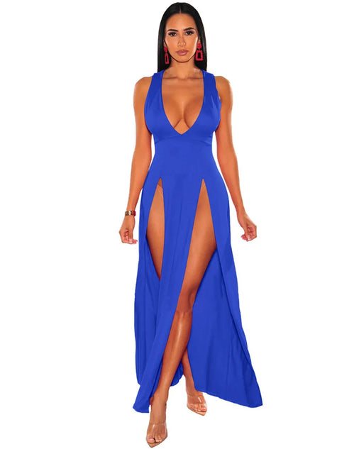 Sexy Deep V Neck High Split Bodycon Cocktail Party Maxi Dress