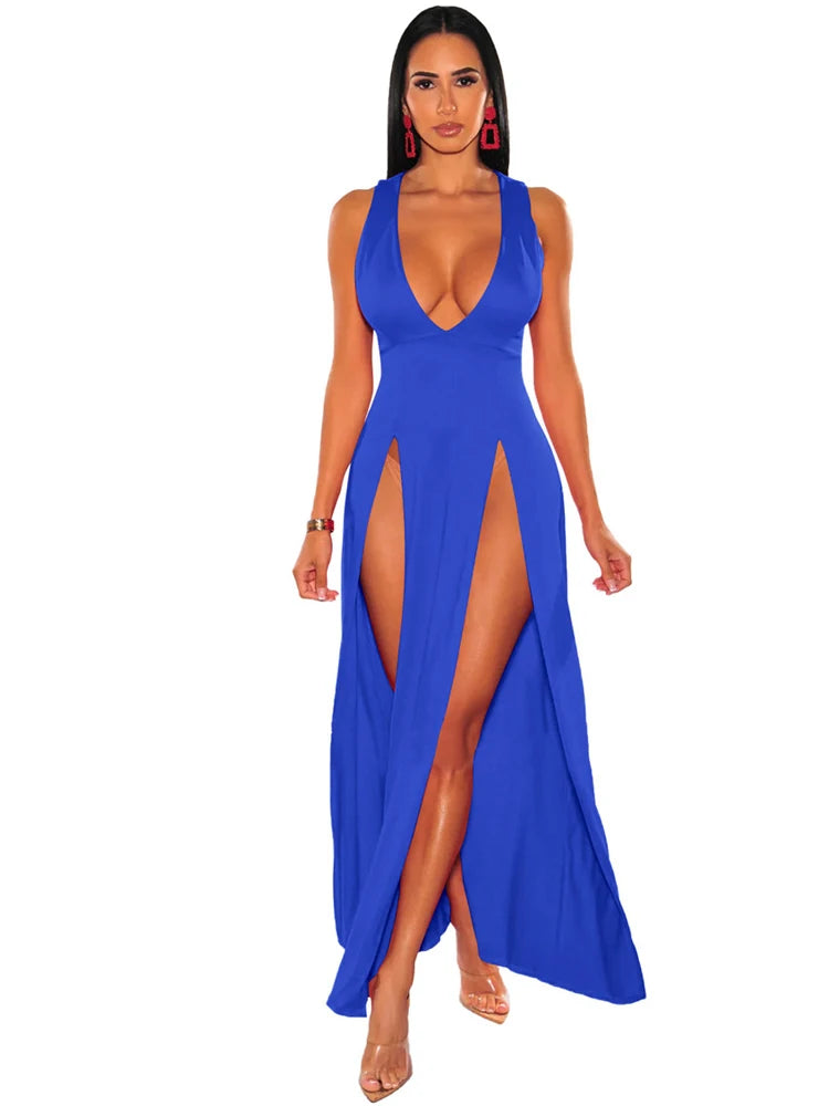 Sexy Deep V Neck High Split Bodycon Cocktail Party Maxi Dress