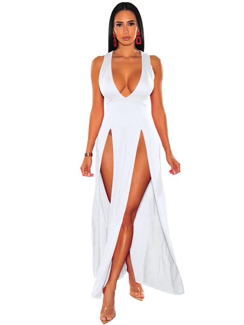Sexy Deep V Neck High Split Bodycon Cocktail Party Maxi Dress