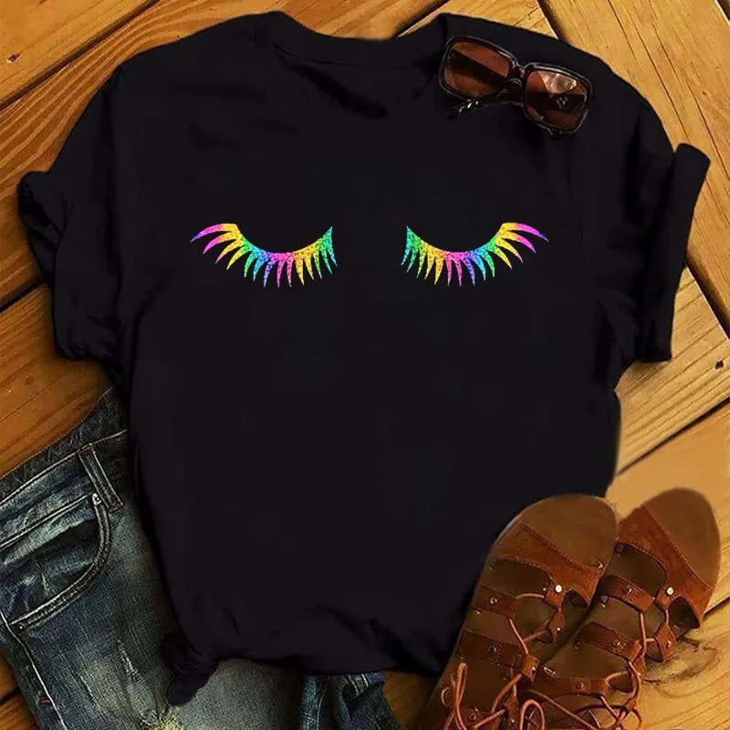 Kawaii Fashion Graphic Women Tops Eyelashes