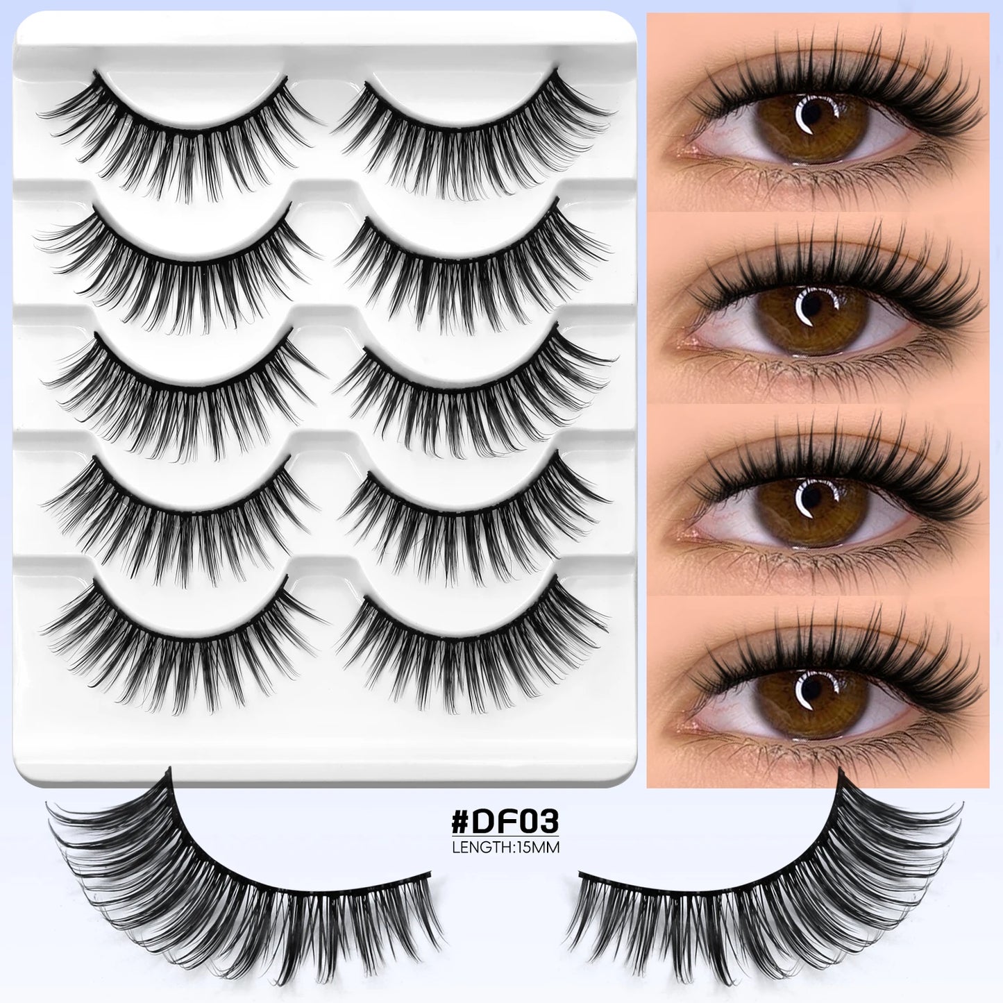 LASVIREY Fluffy Cat Eye Lashes Natural Mink displayed on a lash tray with multiple styles and close-up models' eyes.