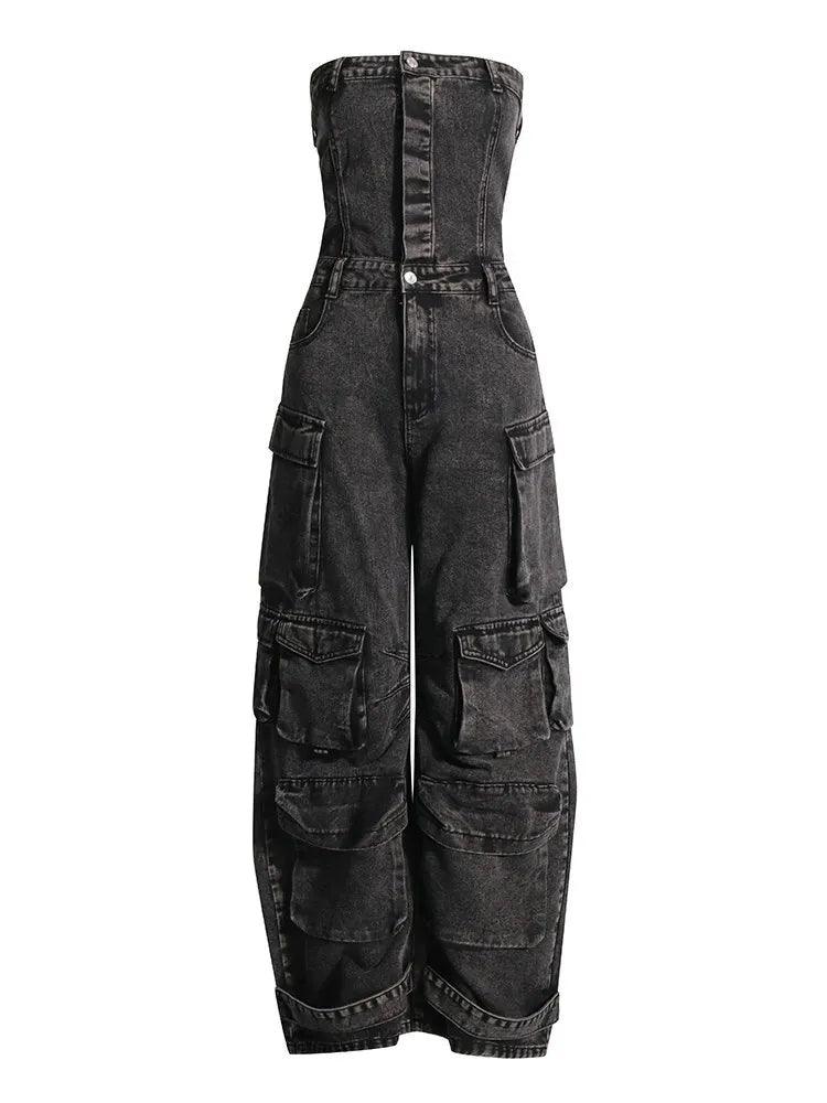 TWOTWINSTYLE Solid Patchwork Pocket Casual Denim Jumpsuits