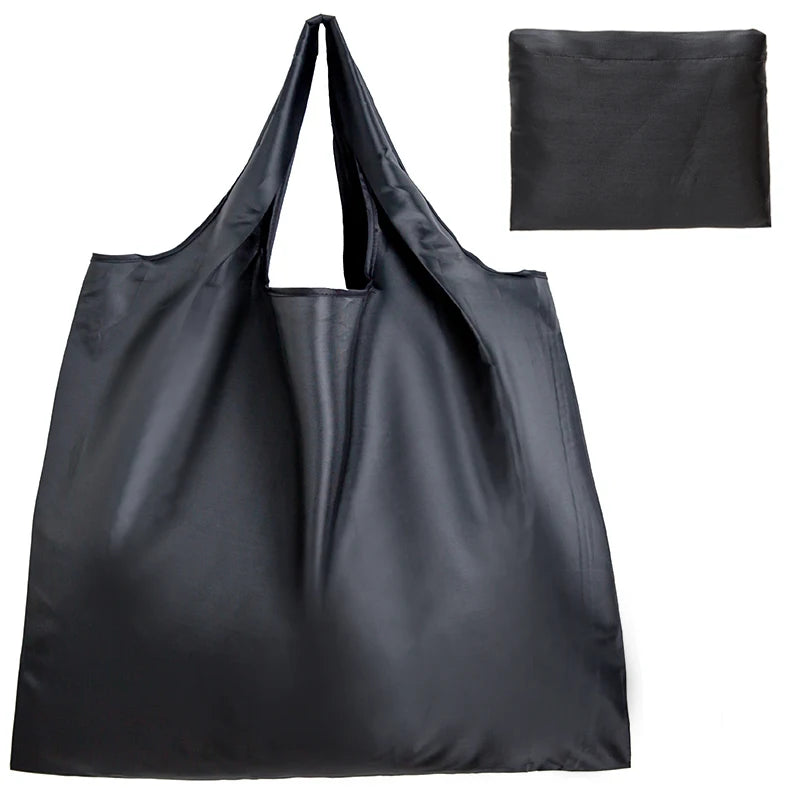 Big Size Thick Nylon Large Tote ECO Reusable in black with a compact foldable design for easy storage.