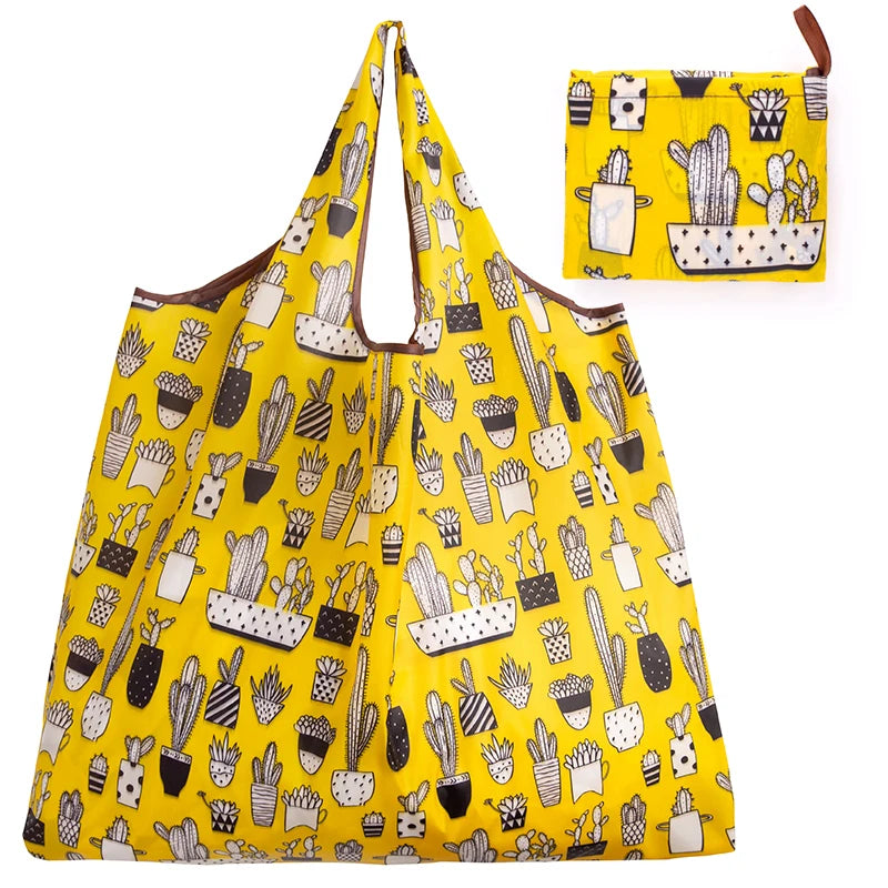 Big Size Thick Nylon Large Tote ECO Reusable with cactus pattern and matching pouch.