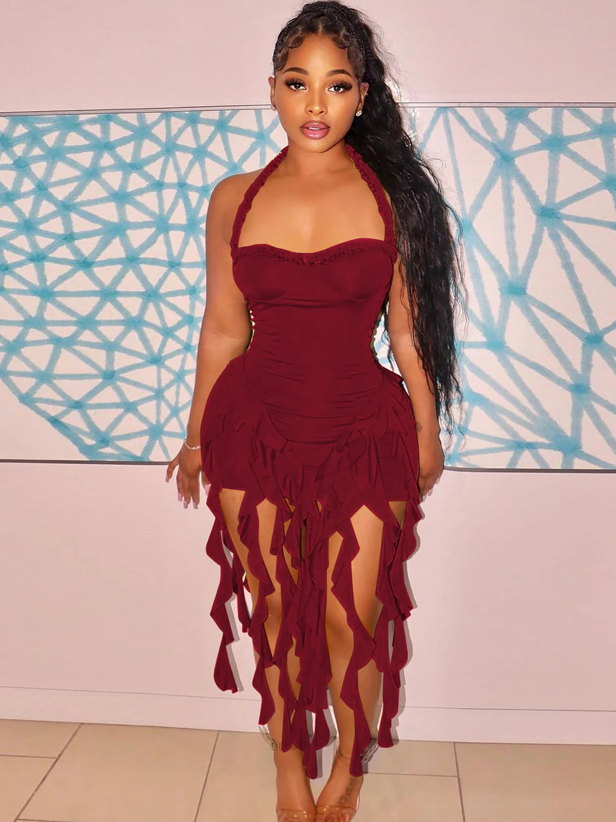 Hugcitar Elegant Halter Solid Ruffles Dress