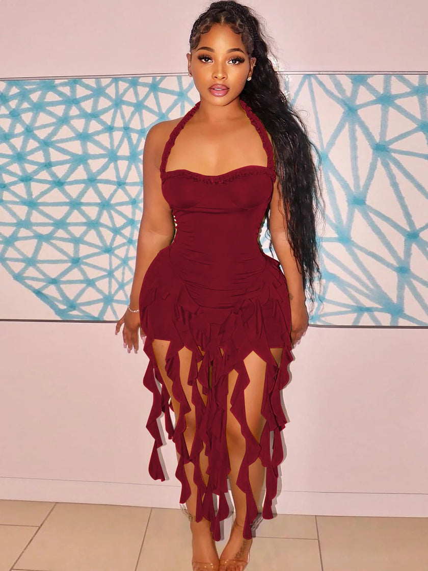 Hugcitar Elegant Halter Solid Ruffles Dress