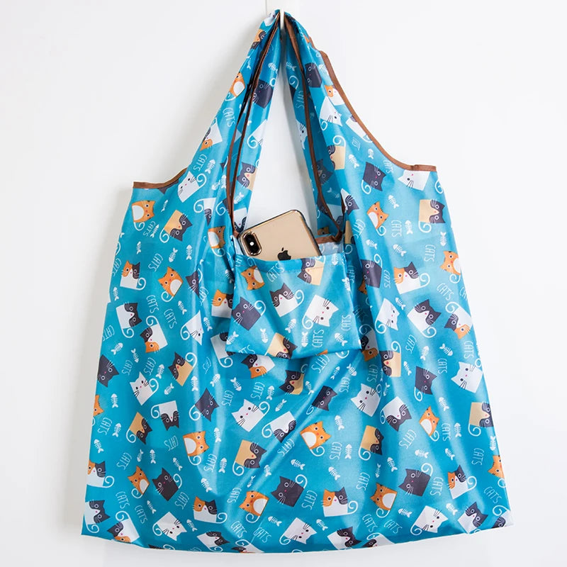 Big Size Thick Nylon Large Tote ECO Reusable bag featuring a colorful cat pattern and a pocket for a phone.