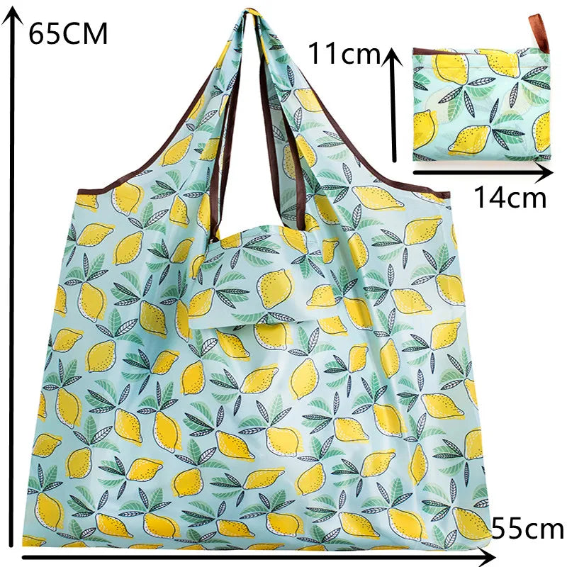 Big Size Thick Nylon Large Tote ECO Reusable in lemon pattern, dimensions 65x55CM, foldable for easy storage.