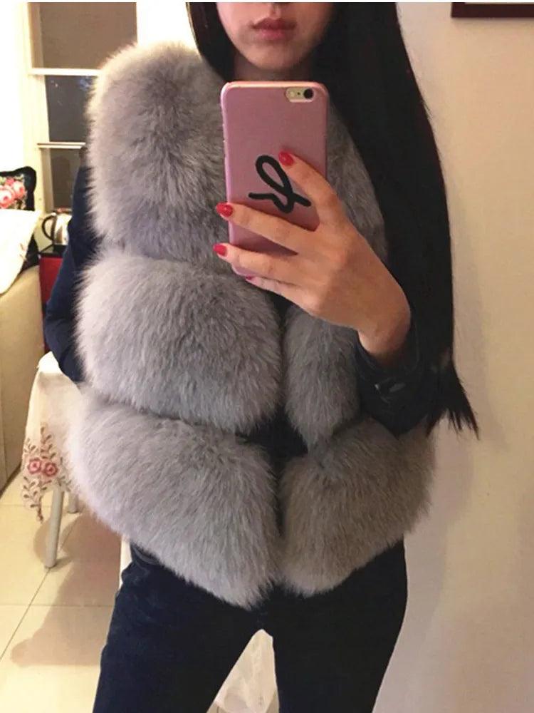 ZADORIN 3XL Autumn Winter Thick Warm Faux Fox Fur Vest Women High Quality Fashion V-Neck Short Fur Coat Female Fur Waistcoat - Lady Vals Vanity