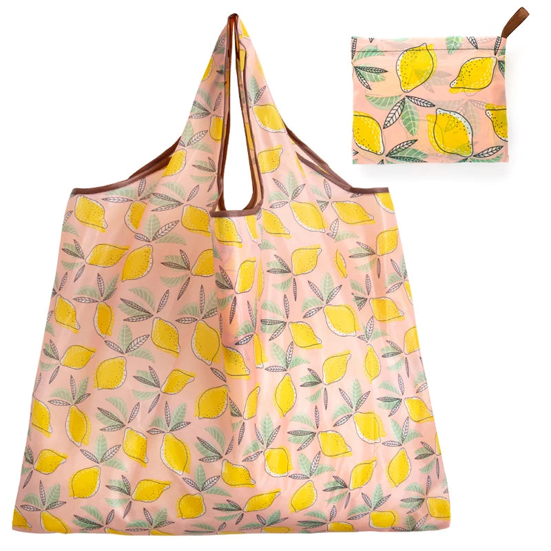 Big Size Thick Nylon Large Tote ECO Reusable in pink with lemon pattern and matching pouch.