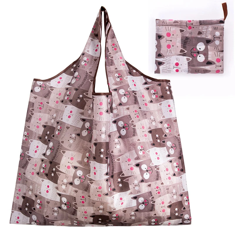 Big Size Thick Nylon Large Tote ECO Reusable featuring a cute cat design in soft colors.