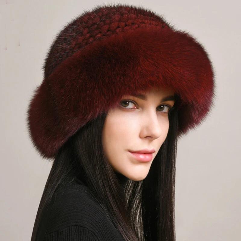 New Genuine Real Natural Knitted Mink Fur Hat Cap Luxury Women Handmade Knit Fashion Winter Headwear Warm Real Fox Fur Beanies - IM PERKY Boutique