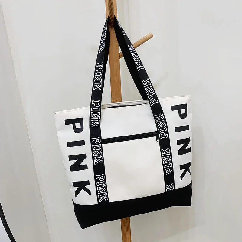 Leisure Large Capacity Tote Bag for Women Shoulder Bags with bold PINK design and zipper closure.