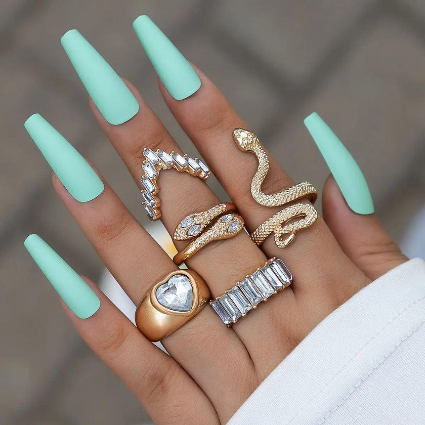 HNSP Vintage Long Snake Ring Set For Women Gothic Black Gold Silver Color Adjustable Finger Jewelry Accessories Female Gift