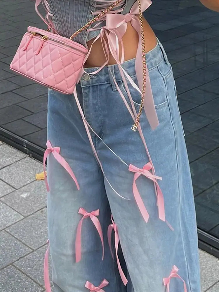 Woman Washed Jeans with Pockets Baggy Denims Trousers