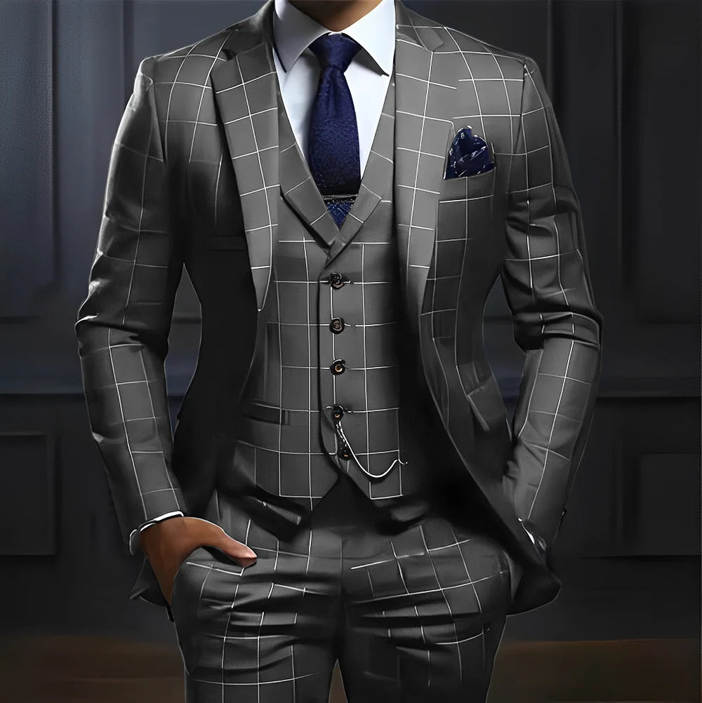 Plaid Men's suit 3 piece Suit Formal Business Work Clothes