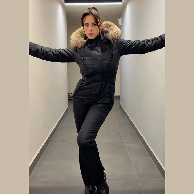 Warm Hooded Fur Splicing Ski Suit Women's