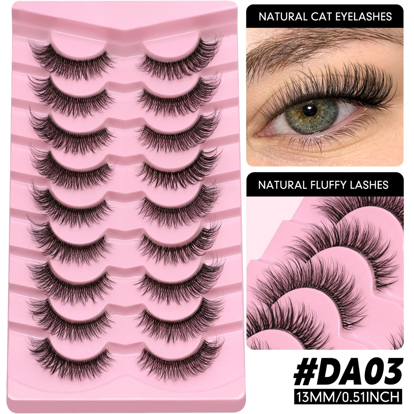 LASVIREY Fluffy Cat Eye Lashes Natural Mink displayed in a pink lash holder with natural fluffy lashes design.