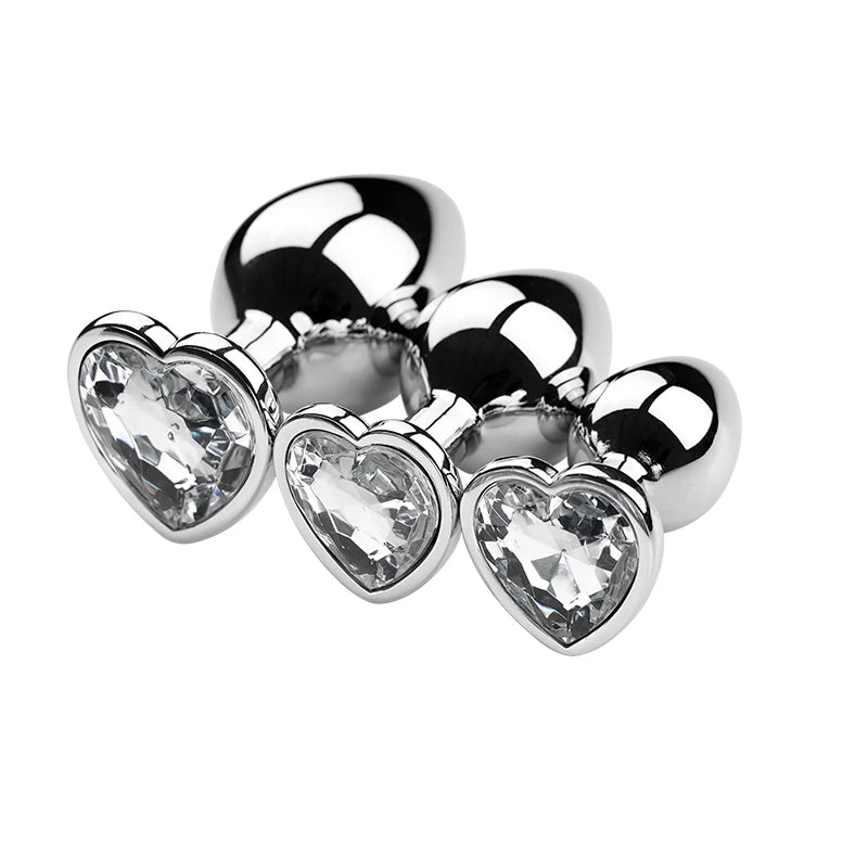 3PCS S/M/L Metal Anal Plug Butt Plug in heart shapes with shiny metal finish and crystal details.