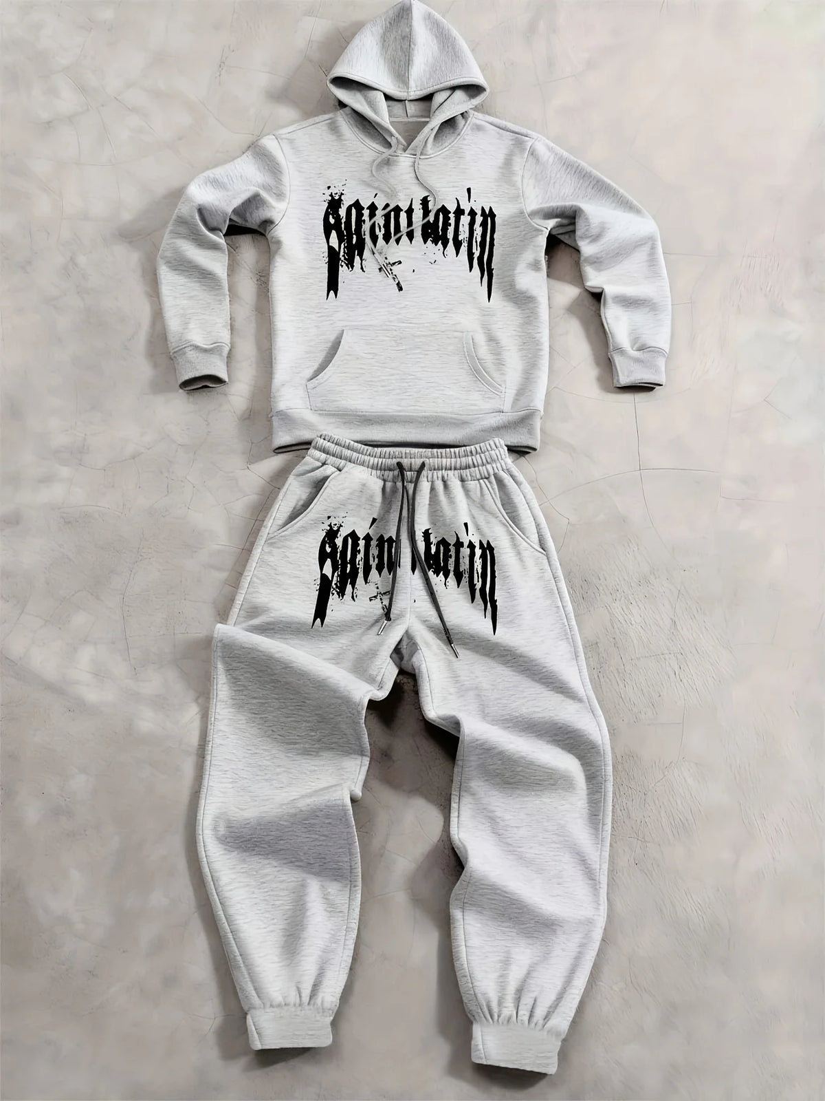 2Pcs Fleece Hoodie Suit Art Graphic Letter Print