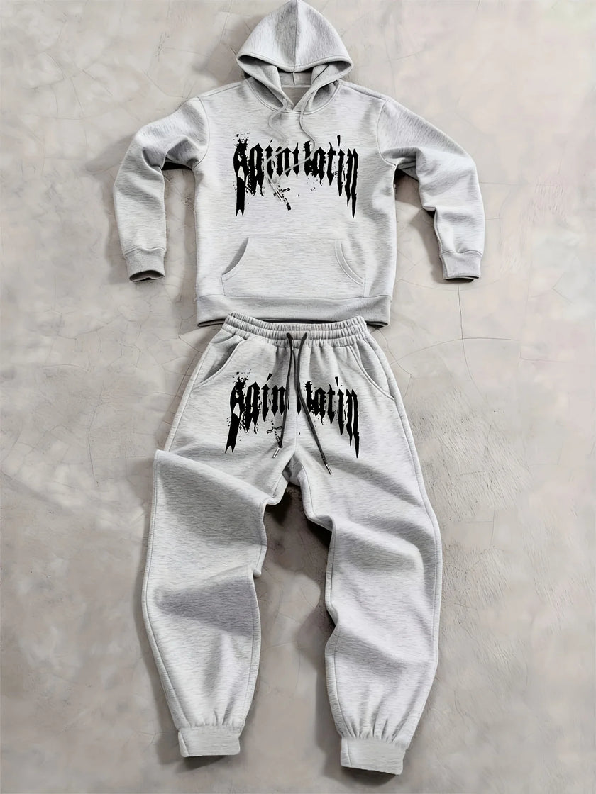 2Pcs Fleece Hoodie Suit Art Graphic Letter Print