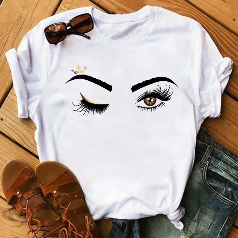 Kawaii Fashion Graphic Women Tops Eyelashes